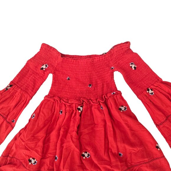 Free People counting daisies Red Embroidered Off-Shoulder Bell Sleeve Dress S - Picture 4 of 8
